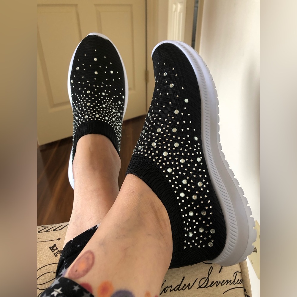 Sock Shoe; Rhinestone Embellishments; Slip-On; Low Top Design; Black